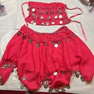 BELLY Dancer XS PINK SKIRT/ face MASK SET dangle COINS shimmy Dance 25” waist S